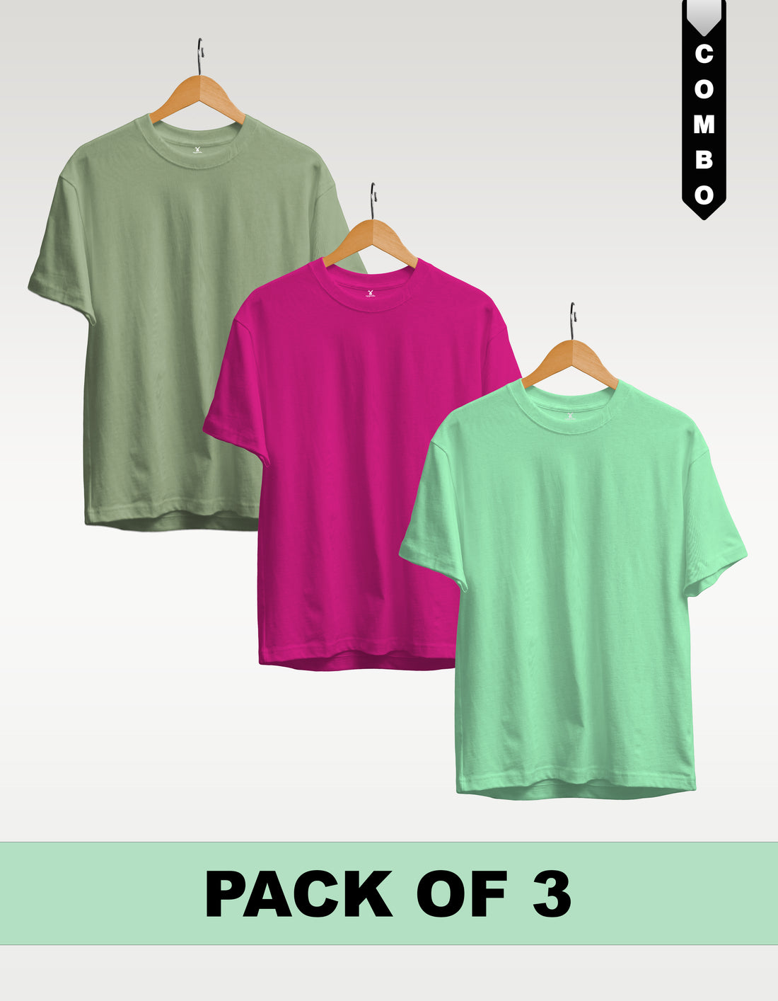 Regular T-Shirt Combo Pack of 3 -Sage Green|Fuchsia|Mint Green