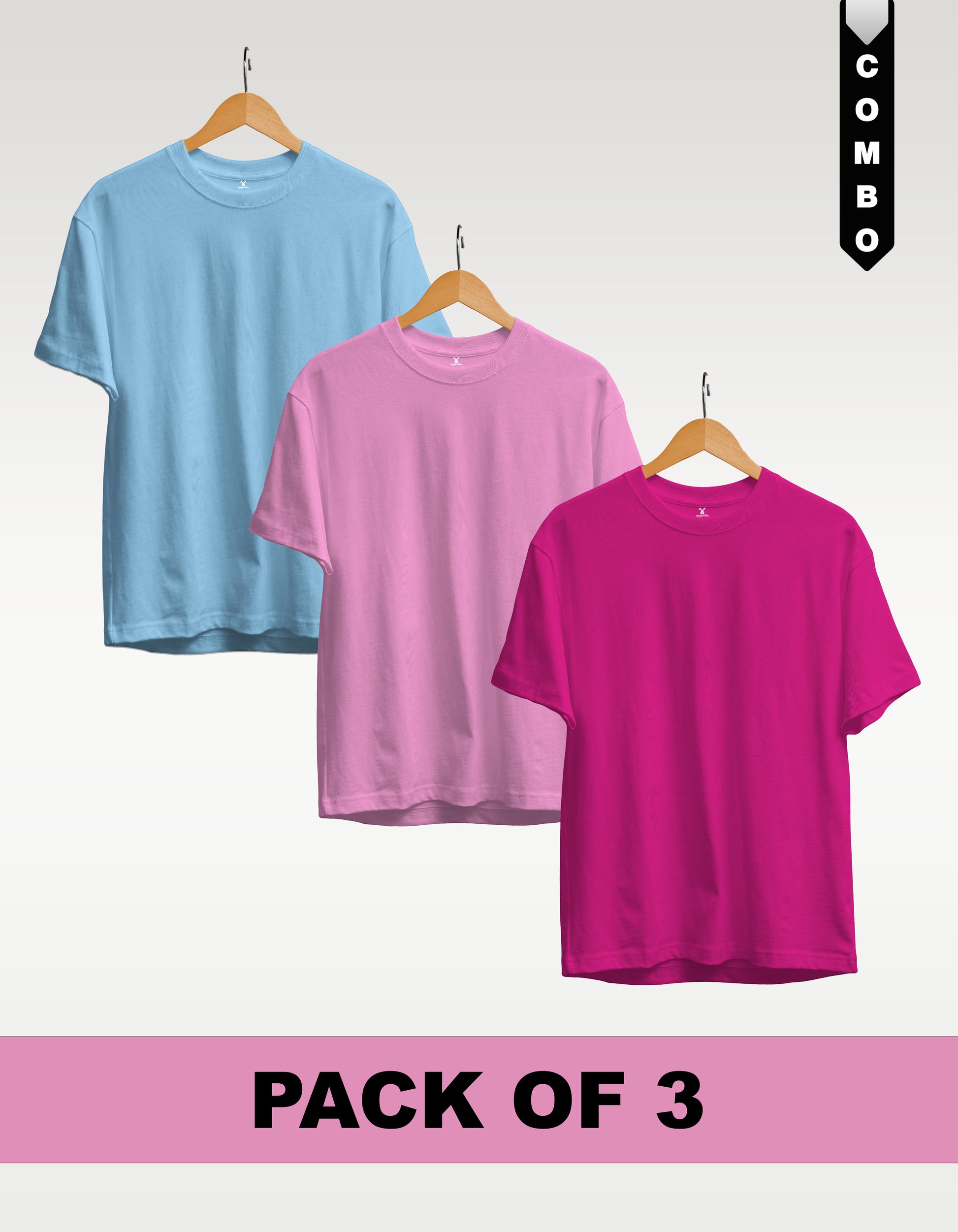 Regular T-Shirt Combo Pack of 3 -Sky Blue|Baby Pink|Fuchsia