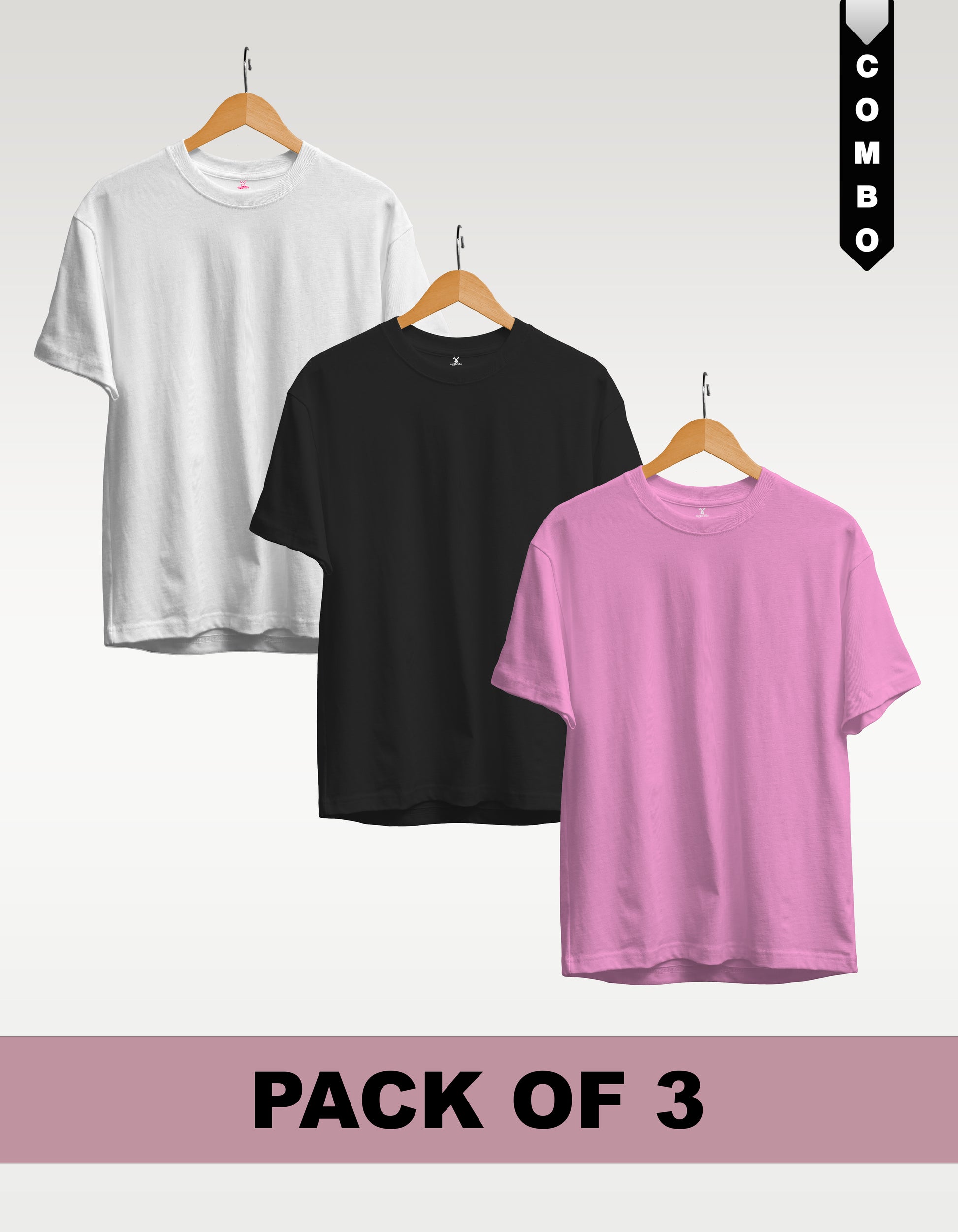 Regular T-Shirt Combo Pack of 3 -White|Black|Baby Pink