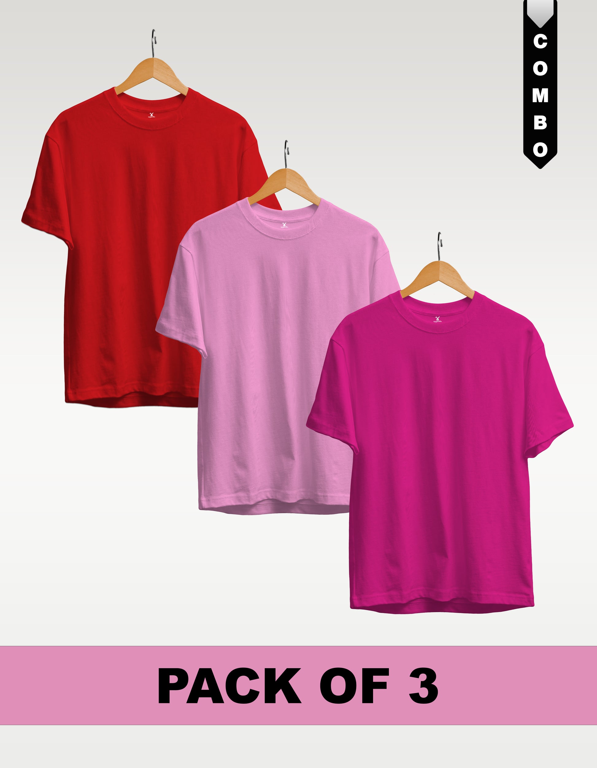 Regular T-Shirt Combo Pack of 3 -Red|Baby Pink|Fuchsia