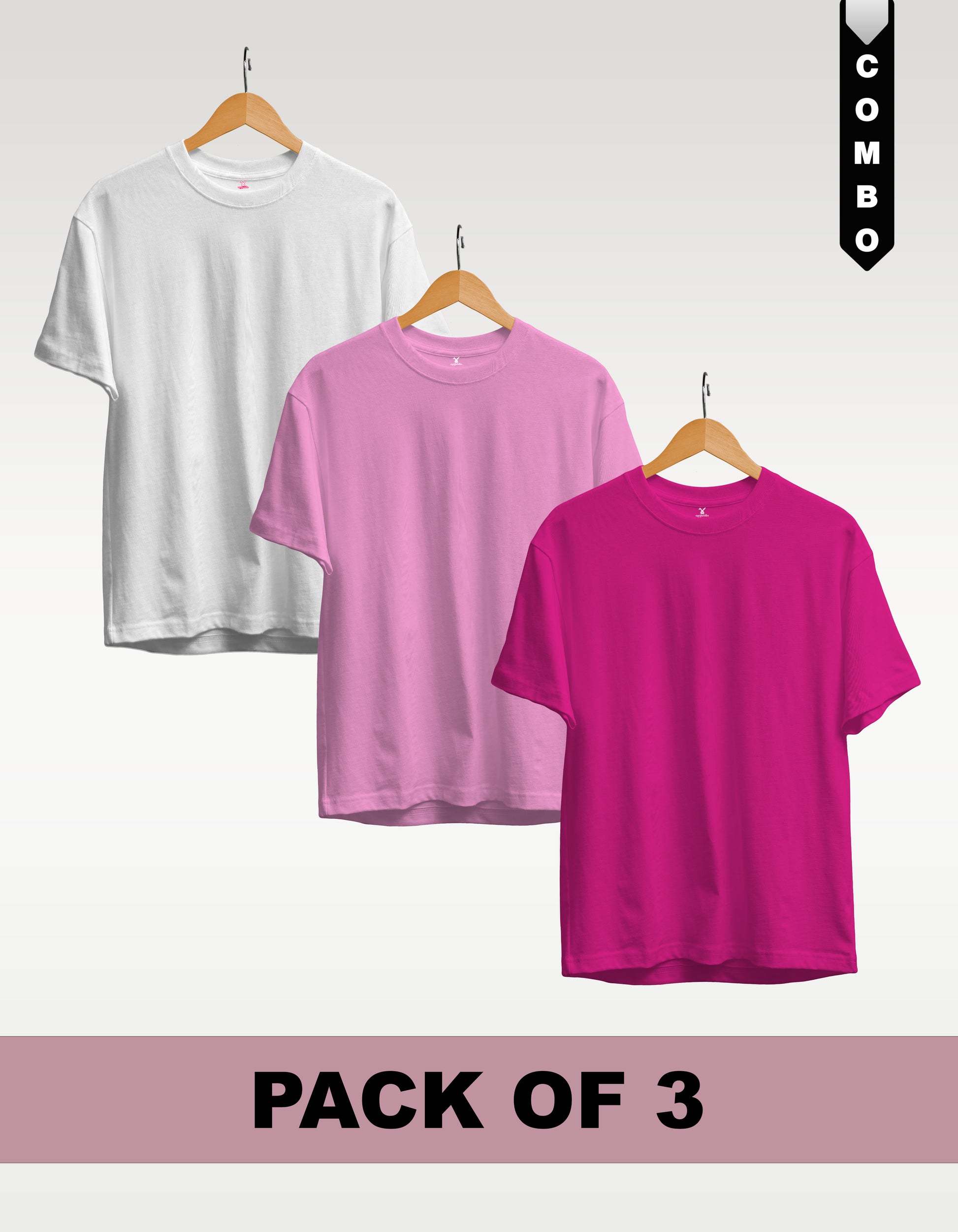 Regular T-Shirt Combo Pack of 3 -White|Baby Pink|Fuchsia