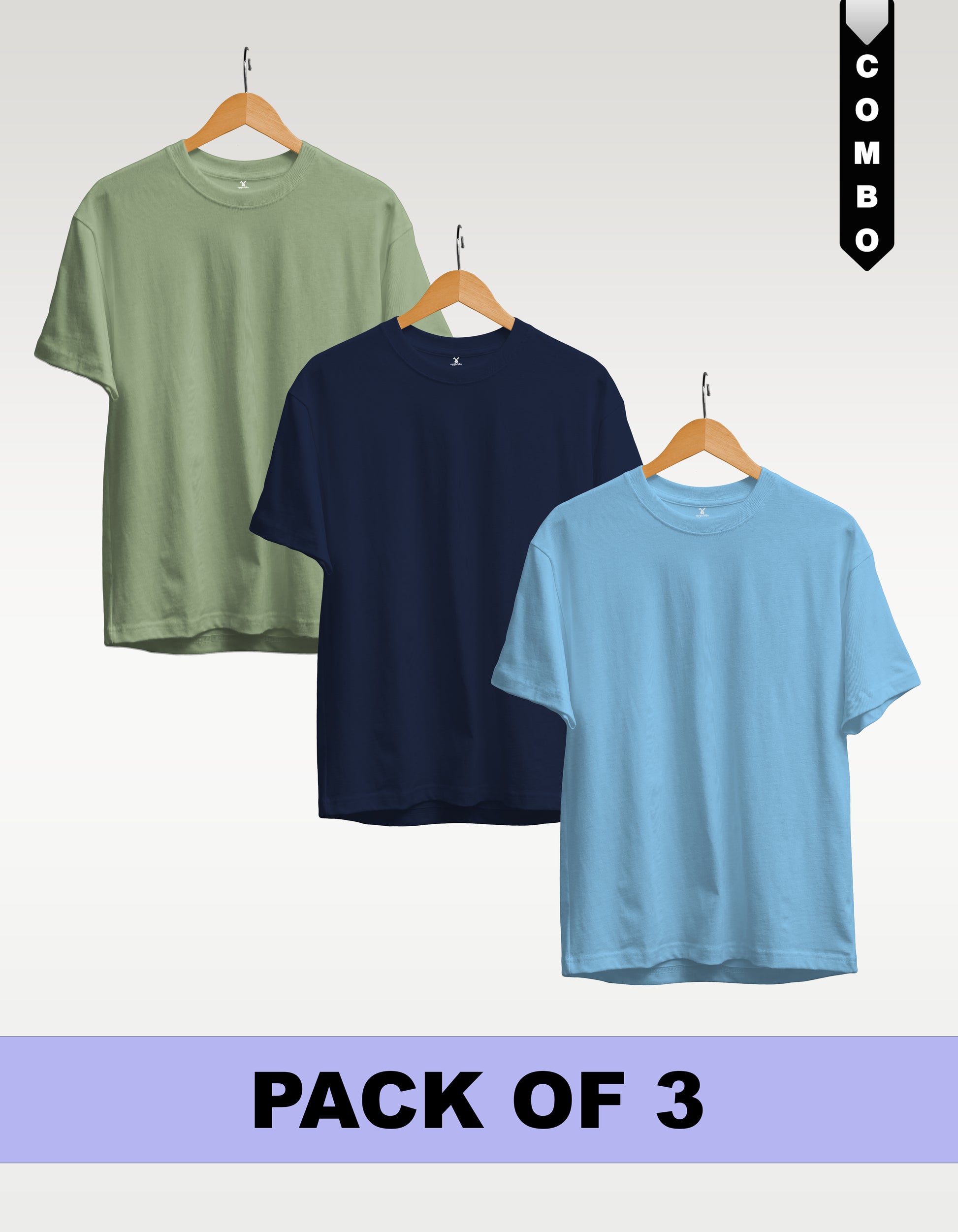 Regular T-Shirt Combo Pack of 3 -Sage Green|Navy Blue|Sky Blue