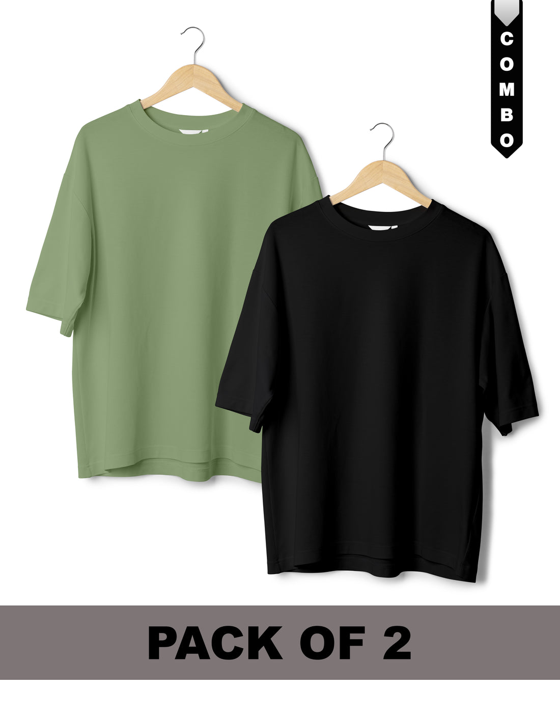 Oversized T-Shirt Combo Pack of 2 - Sage Green & Black