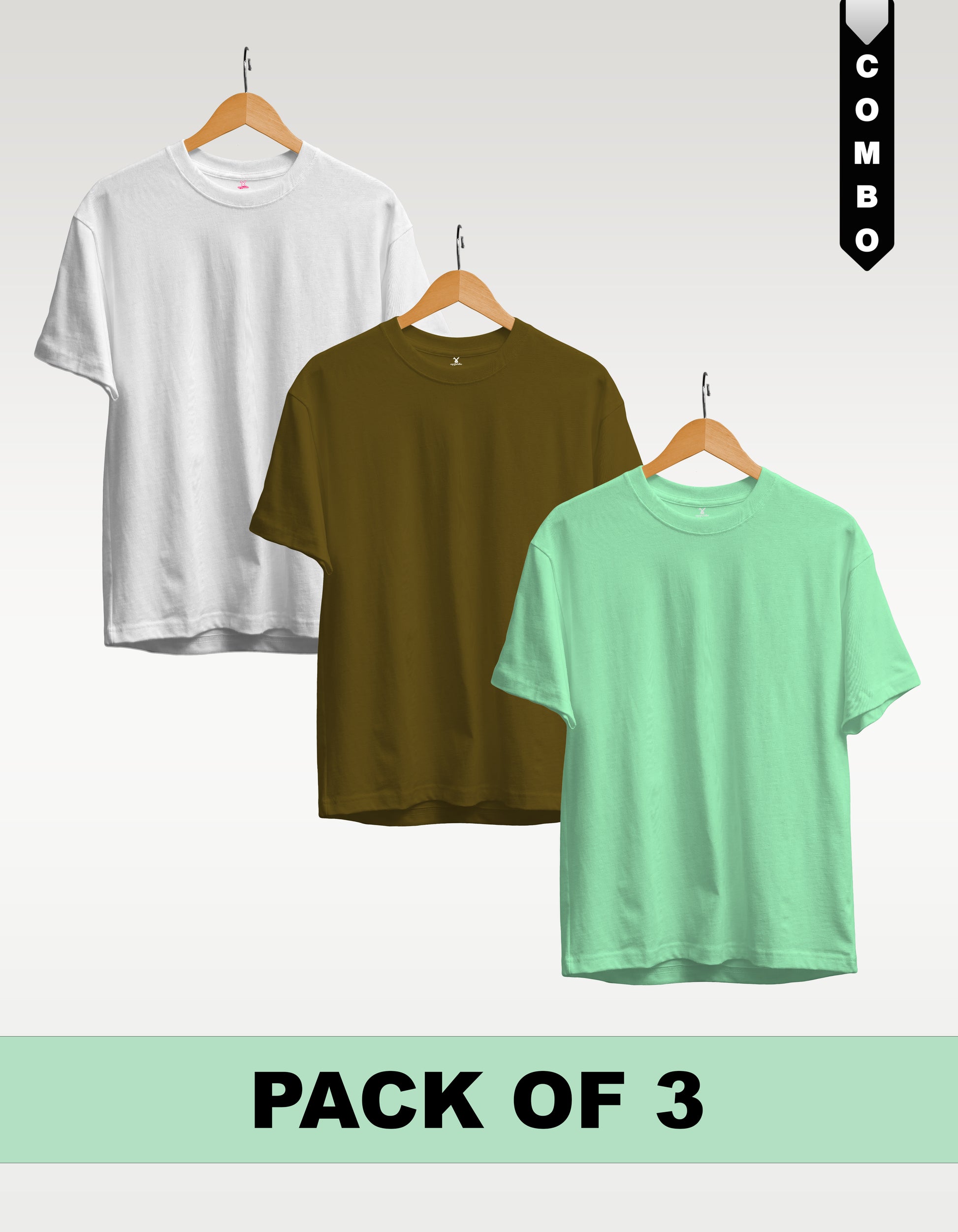 Regular T-Shirt Combo Pack of 3 -White|Olive Green|Mint Green