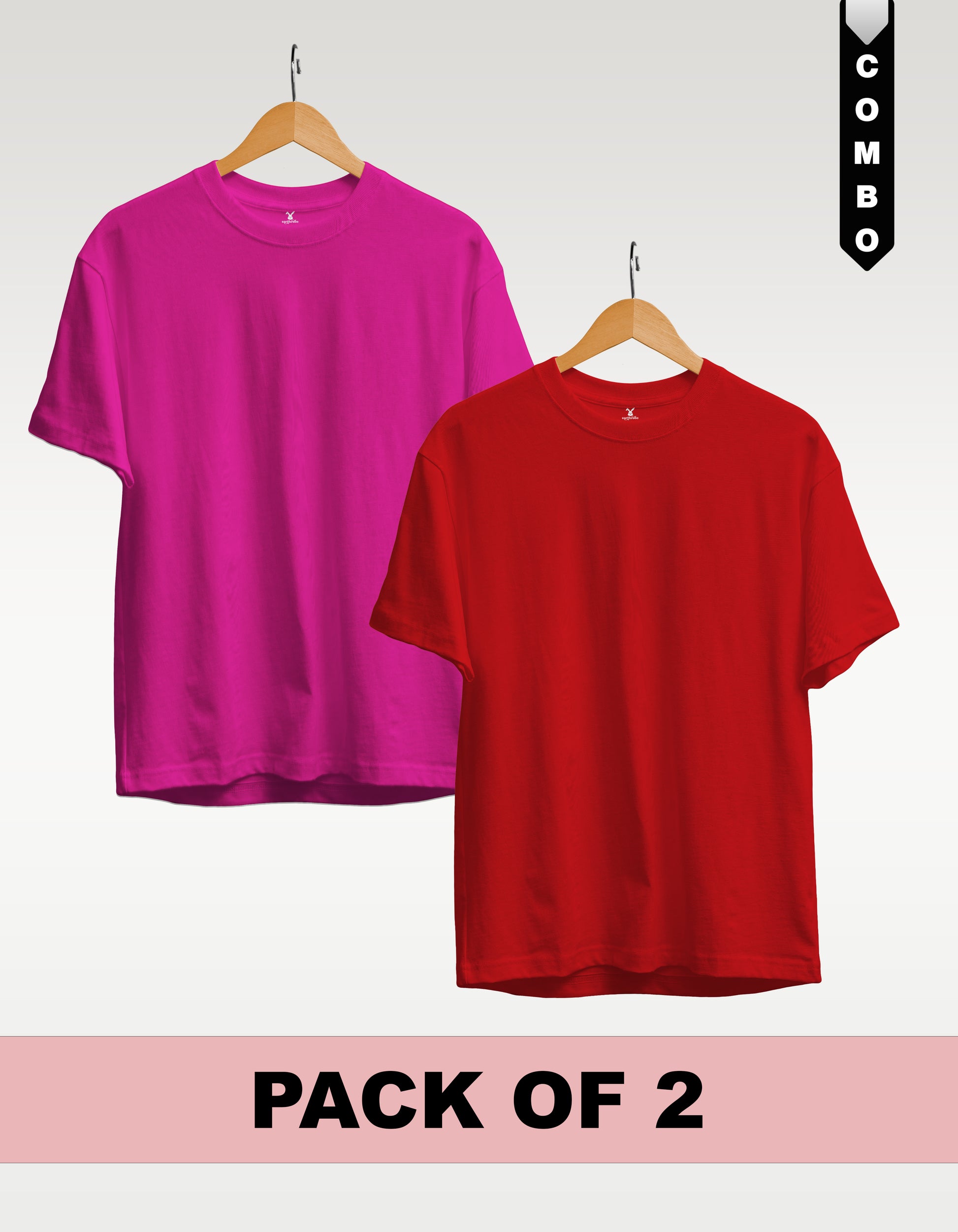 Regular T-Shirt Combo Pack of 2 - Fuchsia(Dark Pink) & Red