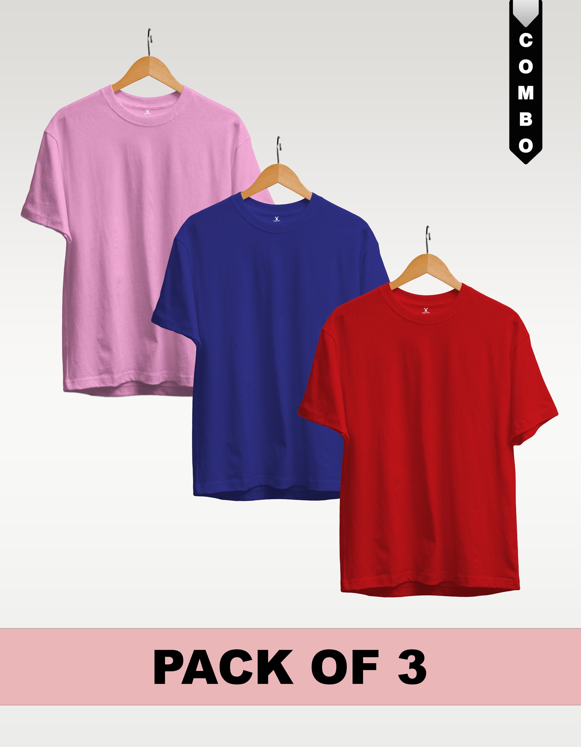 Regular T-Shirt Combo Pack of 3 - Baby Pink | Royal Blue | Red