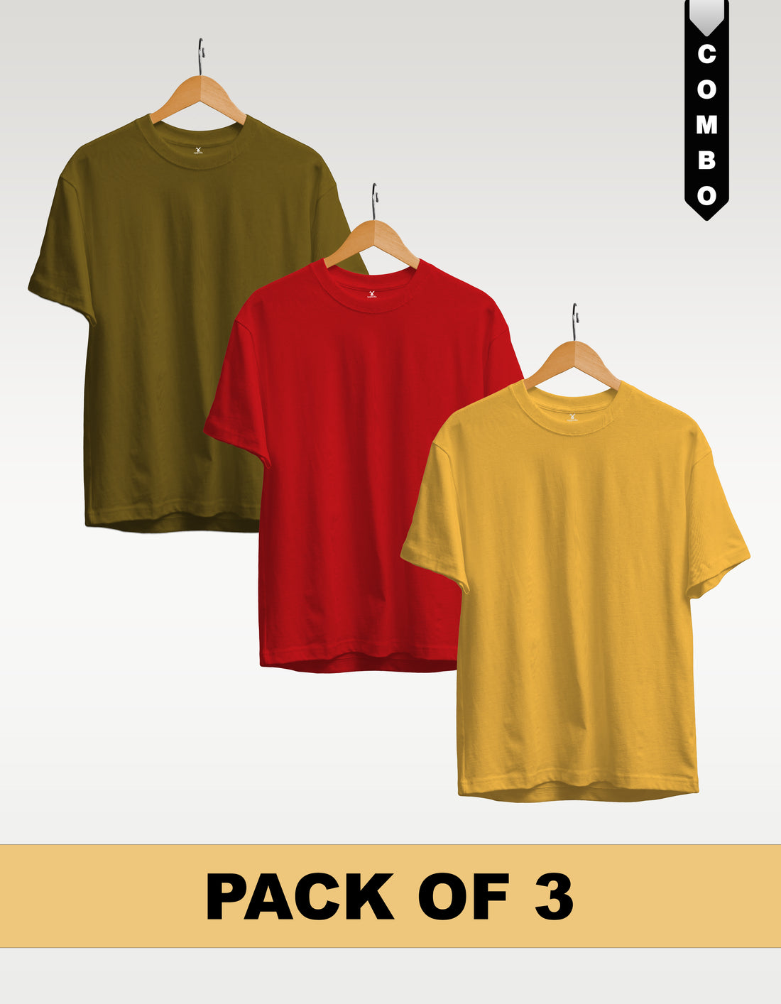 Regular T-Shirt Combo Pack of 3 -Olive Green|Red|Yellow