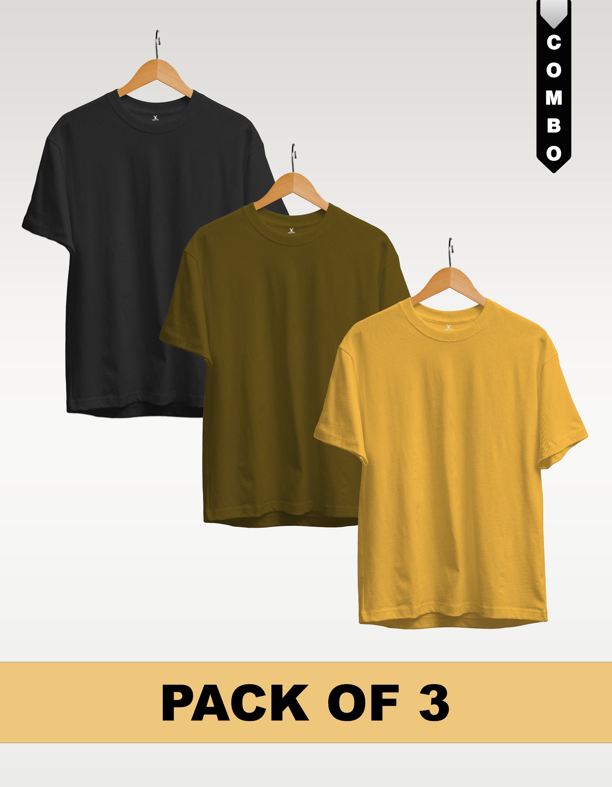 Regular T-Shirt Combo Pack of 3 - Black| Olive Green | Yellow