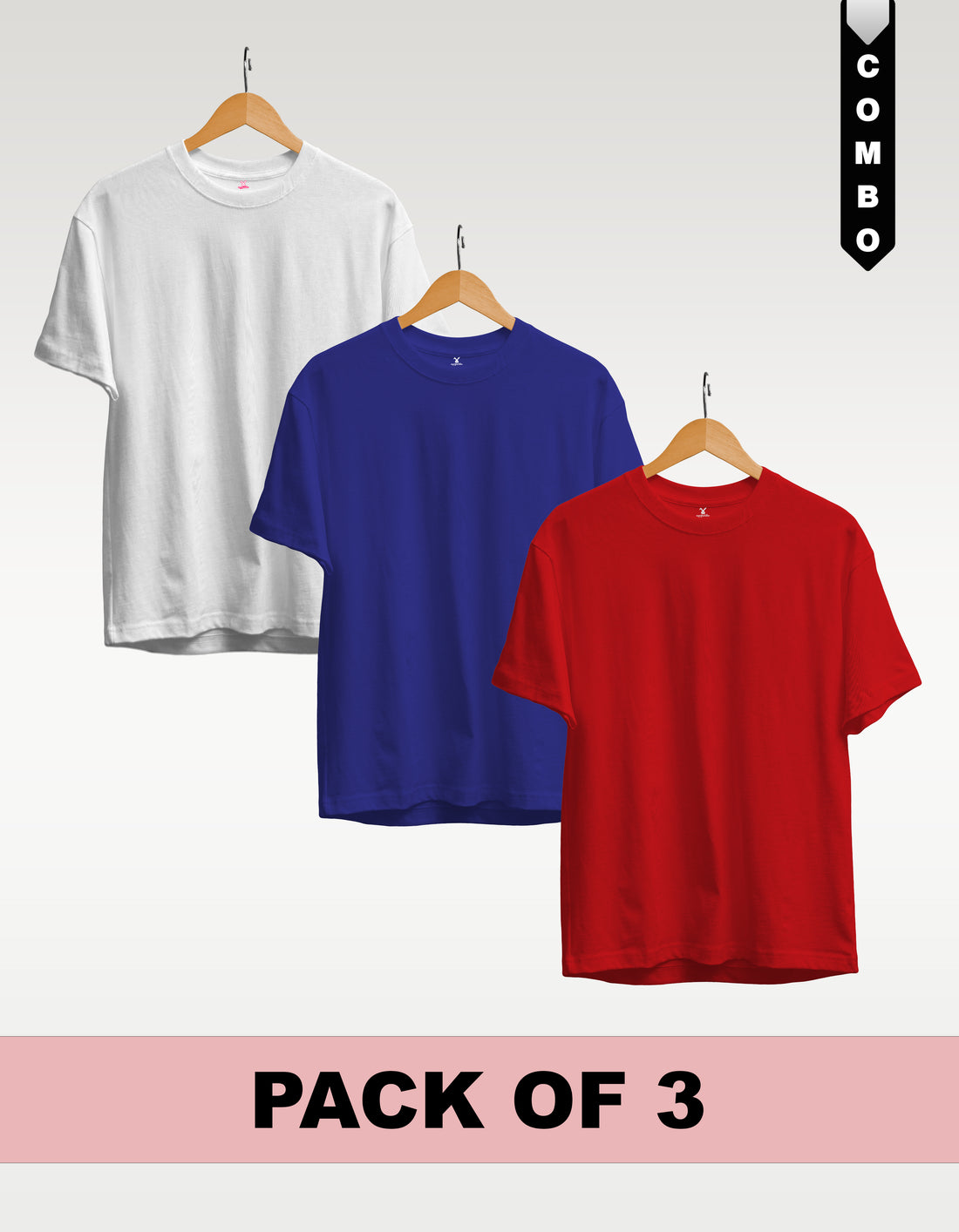 Regular T-Shirt Combo Pack of 3 -White|Royal Blue|Red