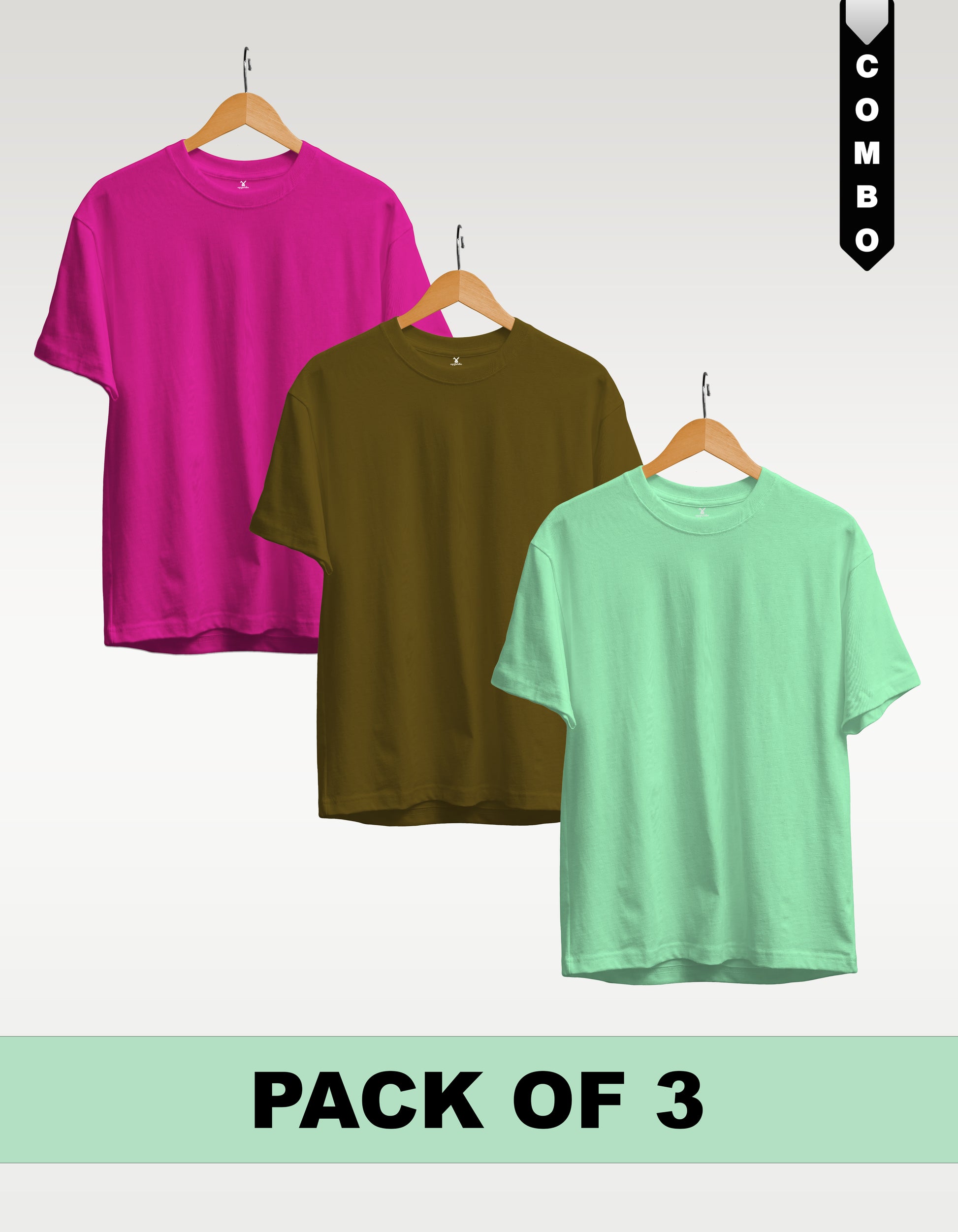 Regular T-Shirt Combo Pack of 3 -Fuchsia| Olive Green| Mint Green