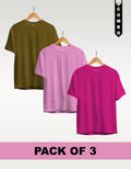 Regular T-Shirt Combo Pack of 3 -Olive Green| Baby Pink |Fuchsia