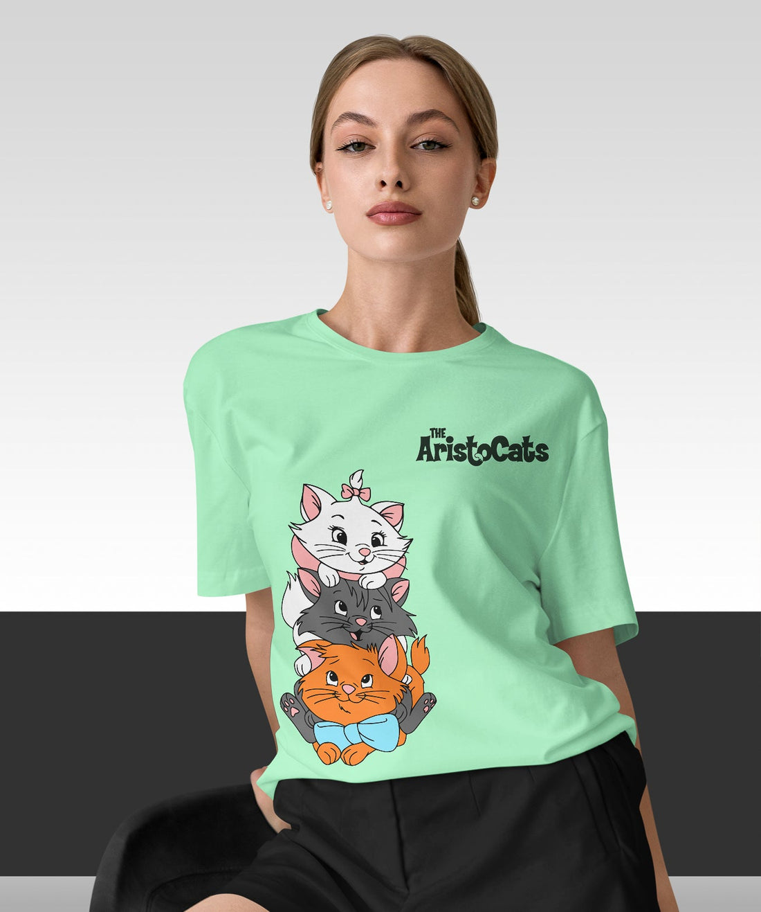 The Aristocats : Women Mint Green Regular Fit Half Sleeved T-shirt