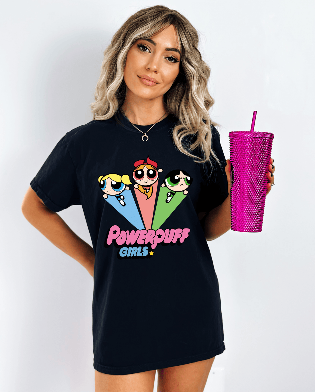 The Powerpuff Girls Gang - Women Black Oversized Fit Half Sleeved T-shirt