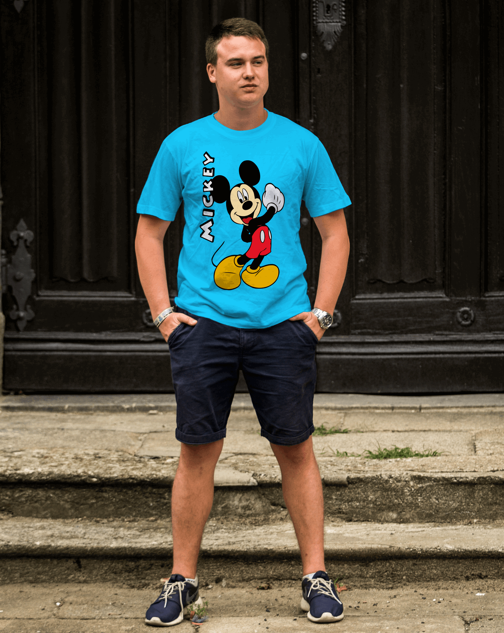 Mickey Mouse : Men Sky Blue Slim-Fit Half Sleeved T-shirt - Giant Panda Store