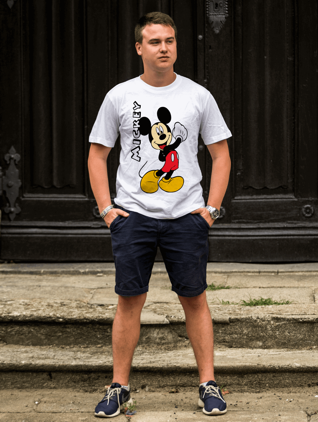 Mickey Mouse : Men Sky Blue Slim-Fit Half Sleeved T-shirt - Giant Panda Store