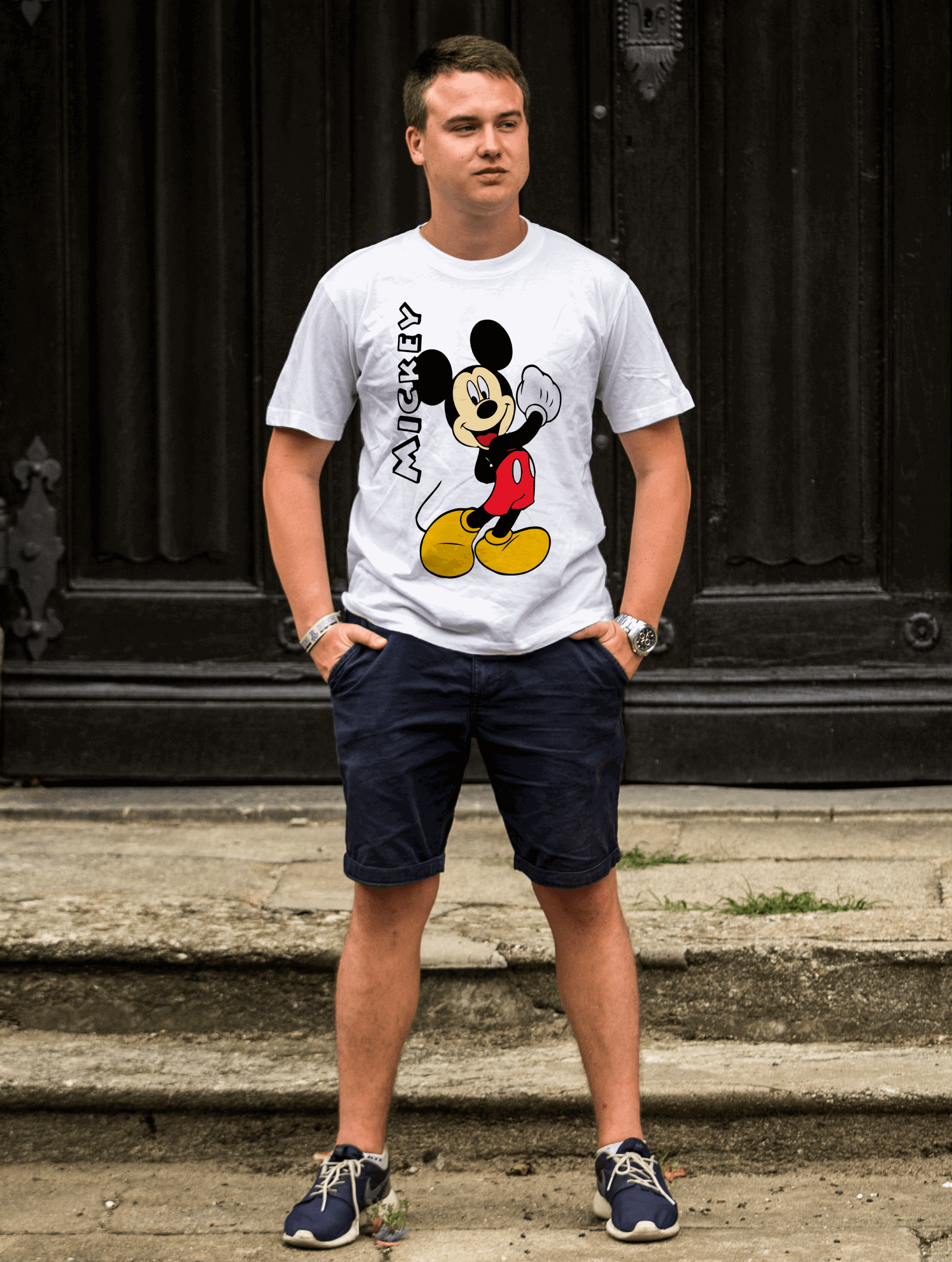 Mickey Mouse : Men White Slim-Fit Half Sleeved T-shirt - Giant Panda Store